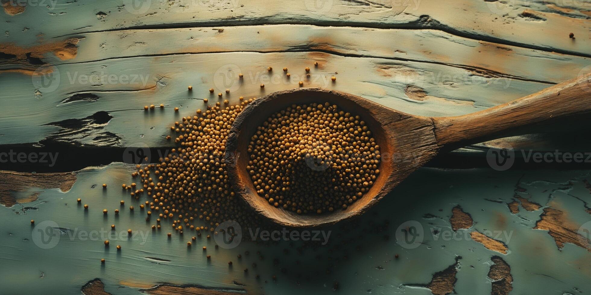 Rustic wooden spoon filled with dark mustard seeds on textured wooden surface overhead shot for culinary concepts. photo