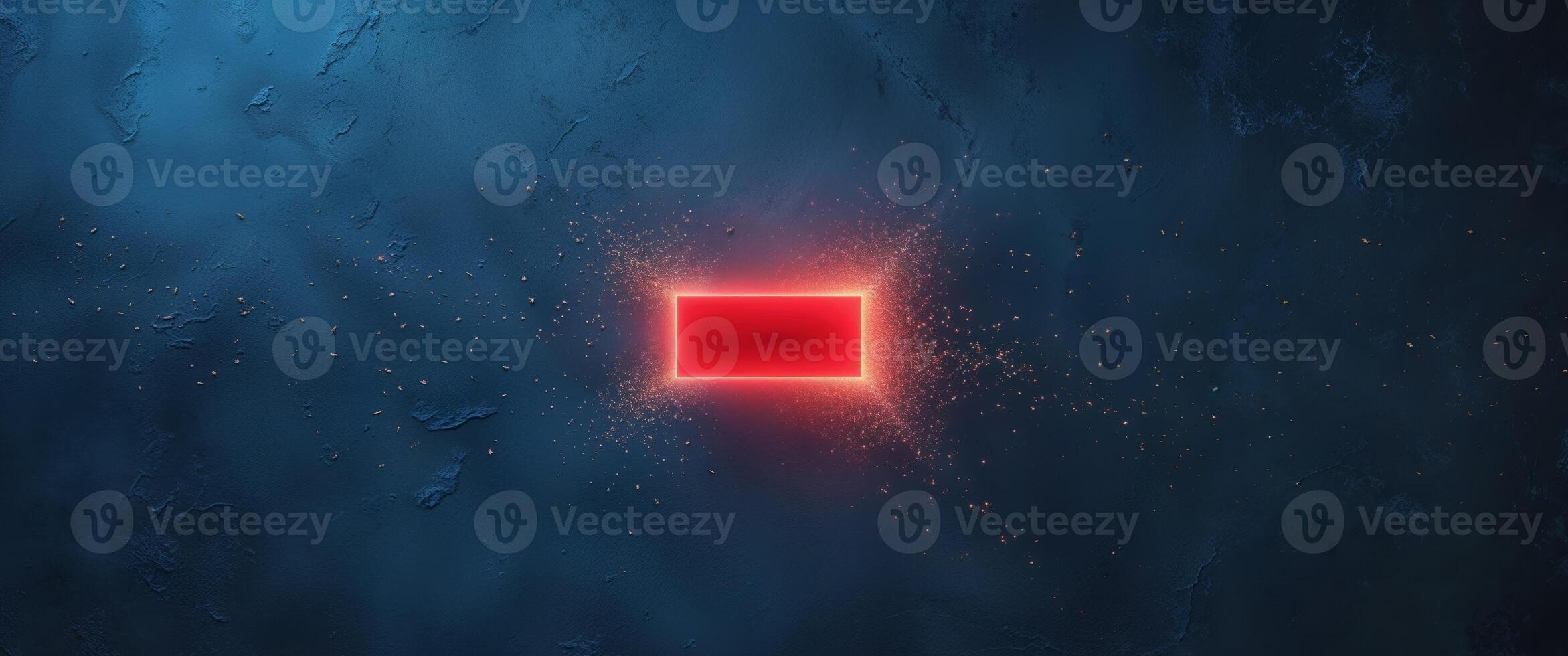 Glowing Red Rectangle with Particles on Dark Blue Textured Background. photo