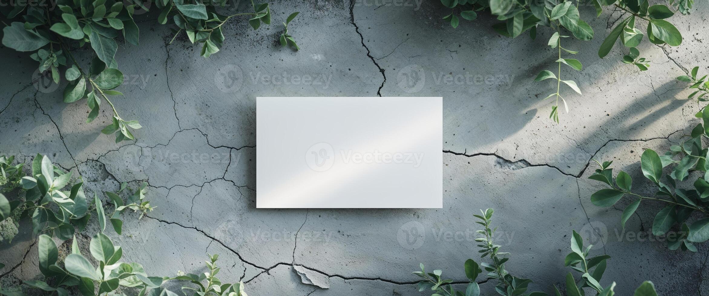 Blank card surrounded by greenery on a gray stone surface photo