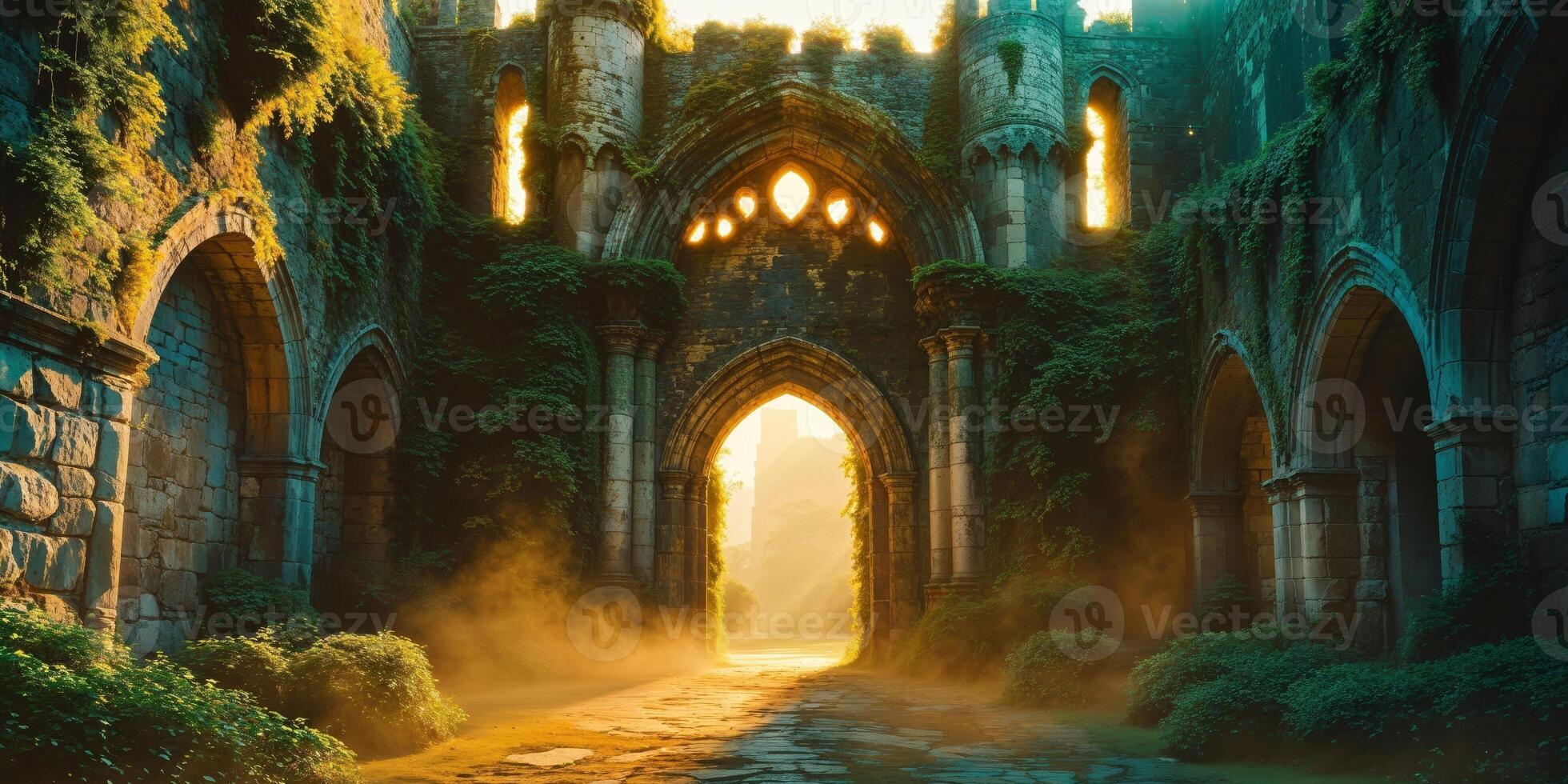 A Stunning Representation of an Ancient Stone Archway Portal Awash with Golden Magic in a Timeworn Castle Courtyard. photo