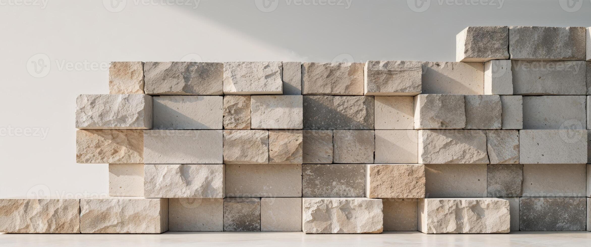 A wall made of stone blocks in front of a white wall photo