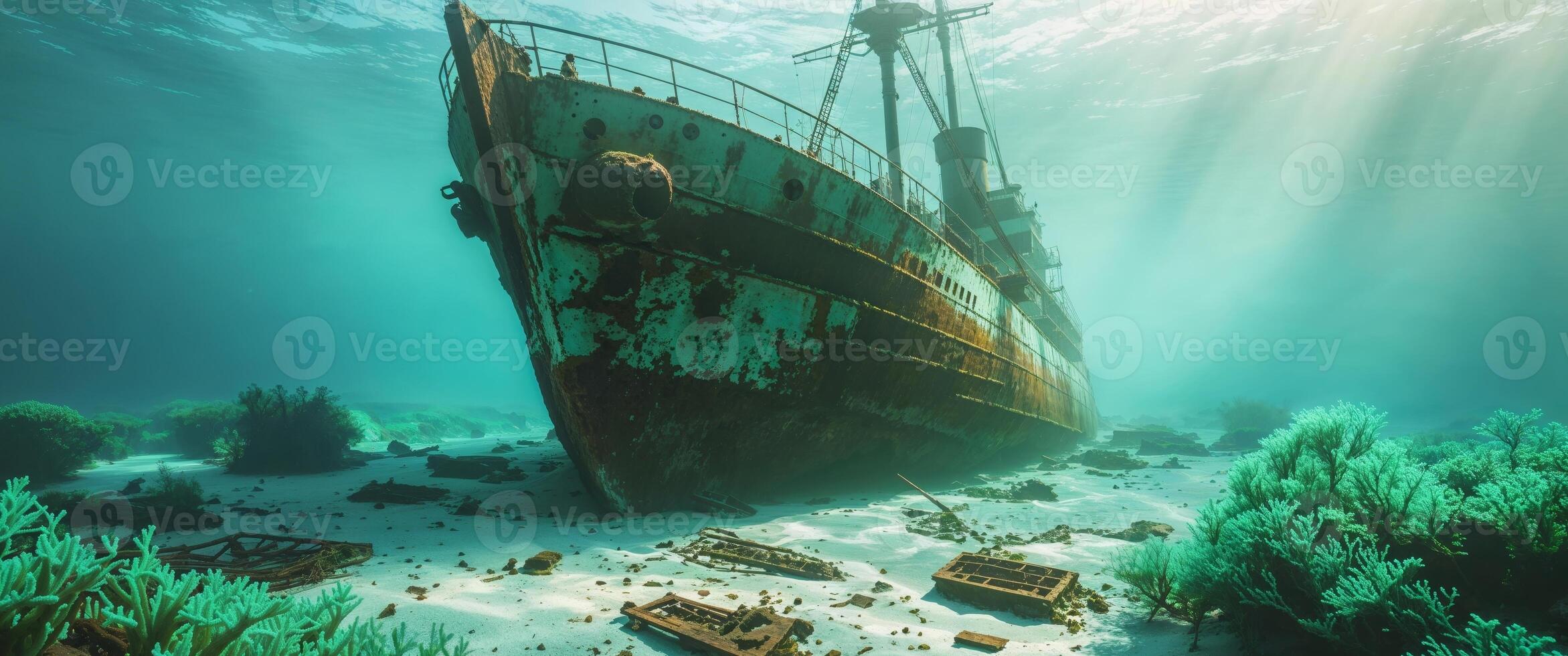 An underwater view of a shipwreck photo