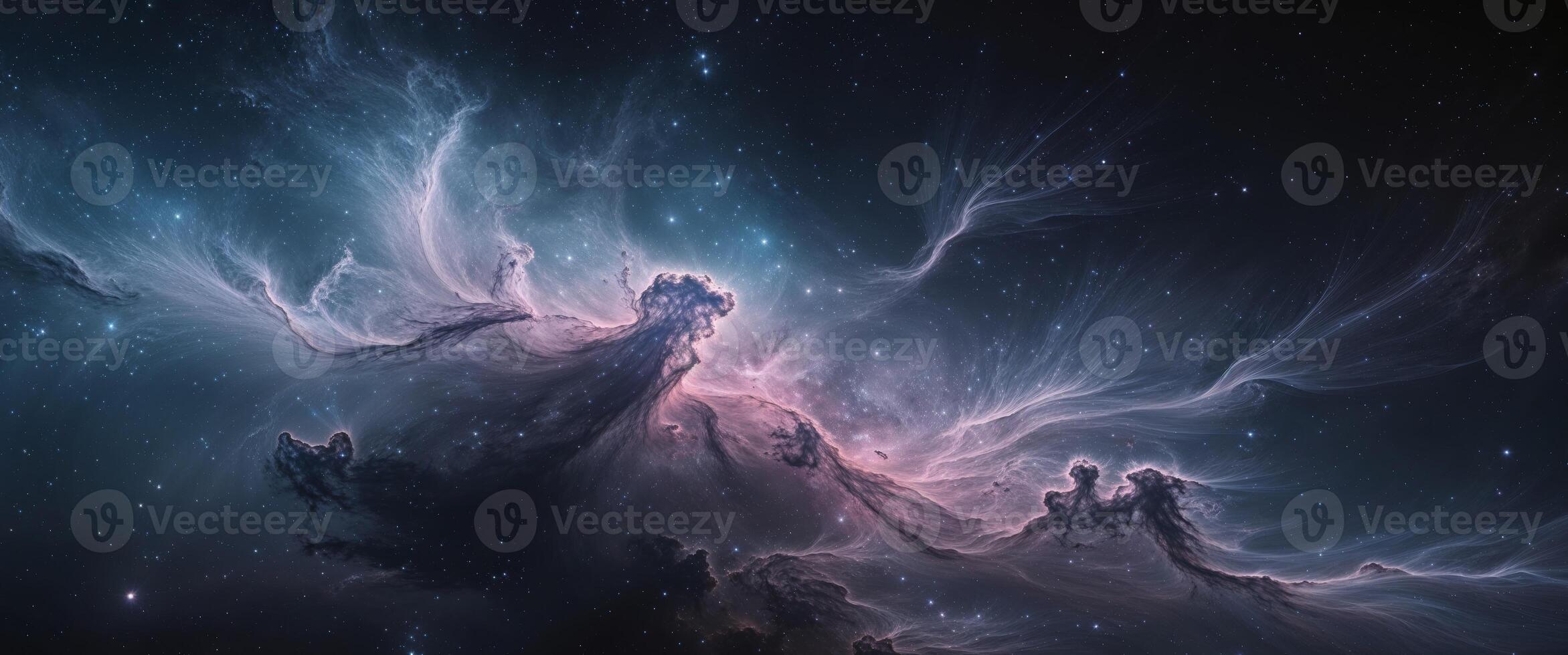 Stunning view of a cosmic nebula illuminated by starlight in the depths of space. photo