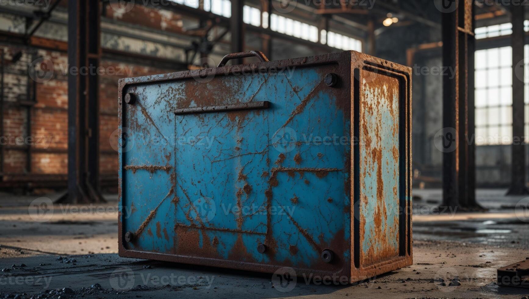 Rusted blue metal box in industrial setting photo
