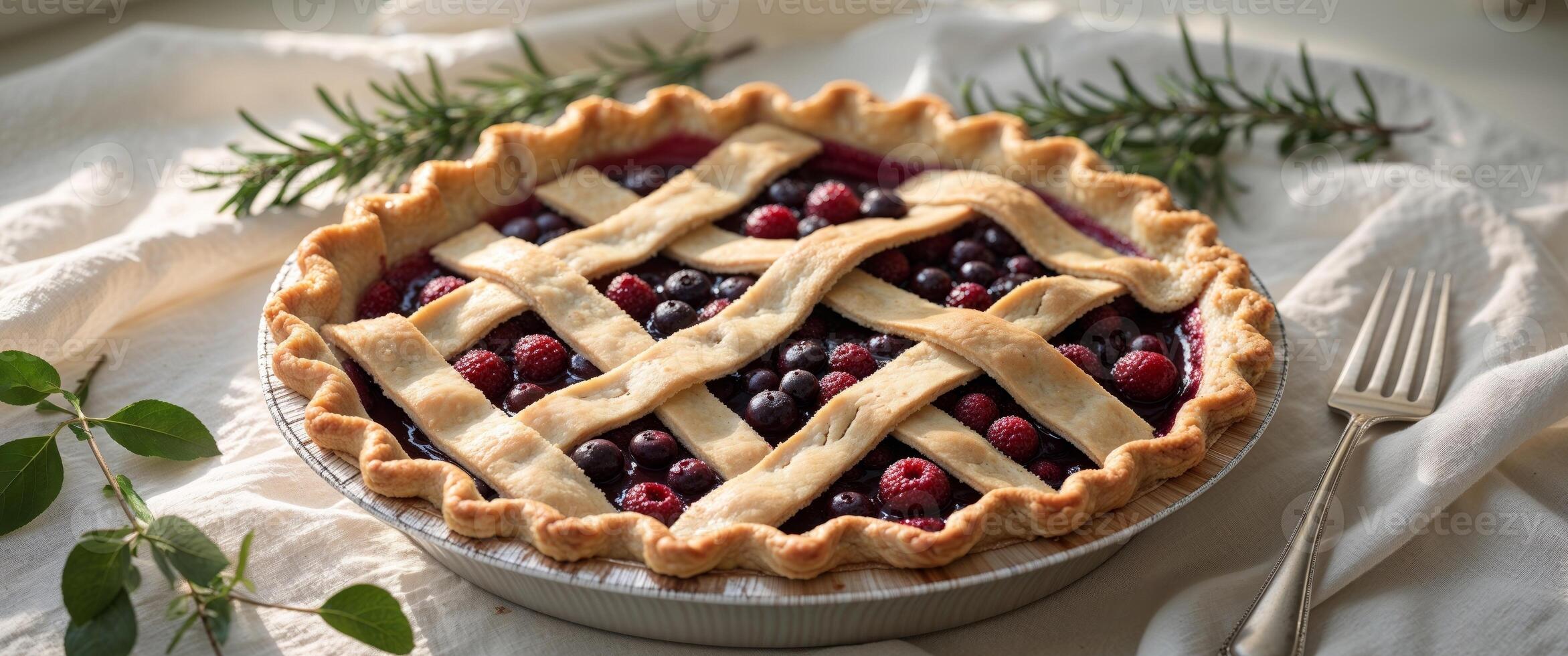 Homemade lattice topped pie with a flaky golden brown crust and a delicious fruit filling ready to be served as a delightful dessert or indulgent snack. photo