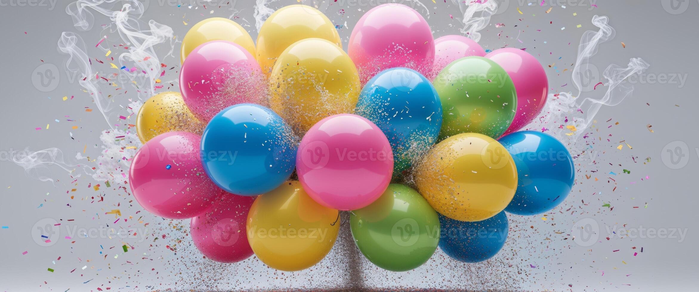 Colorful balloons with confetti and smoke form a festive composition. photo