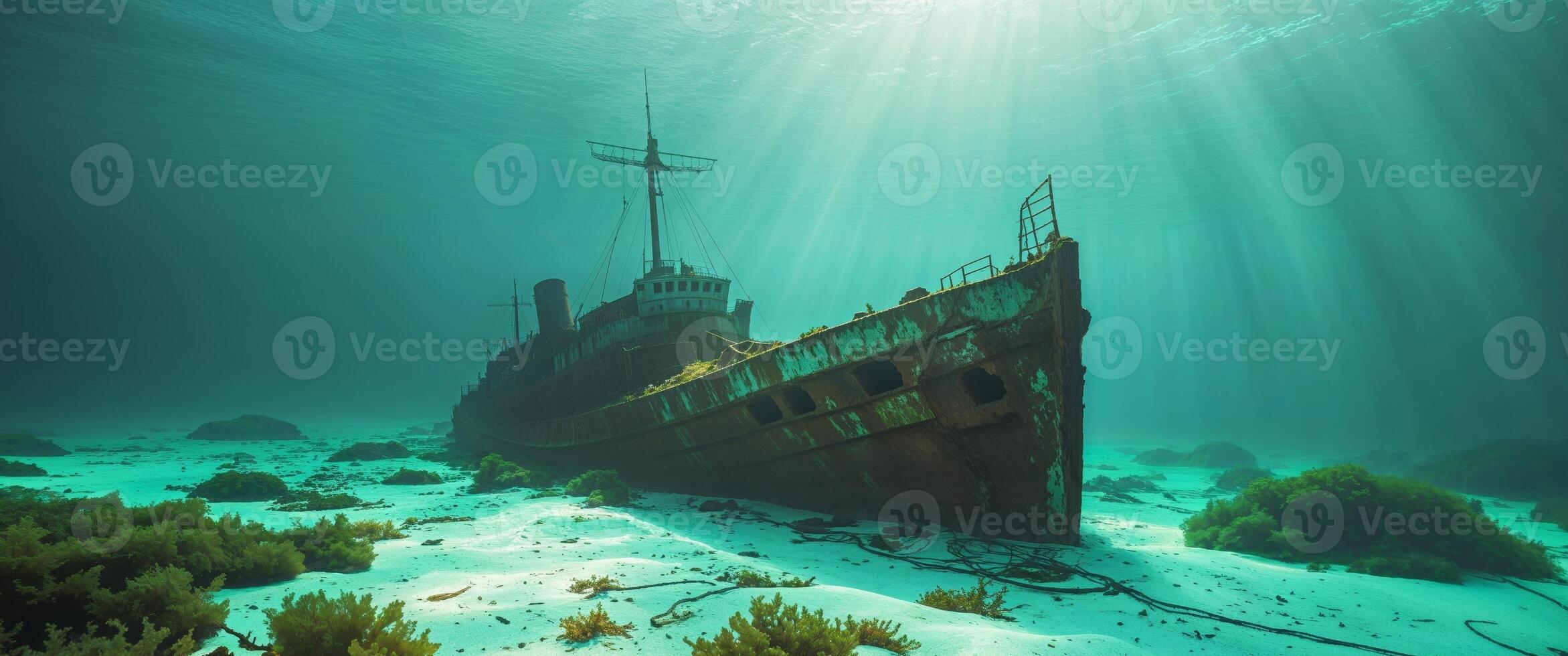 An underwater view of an old ship photo