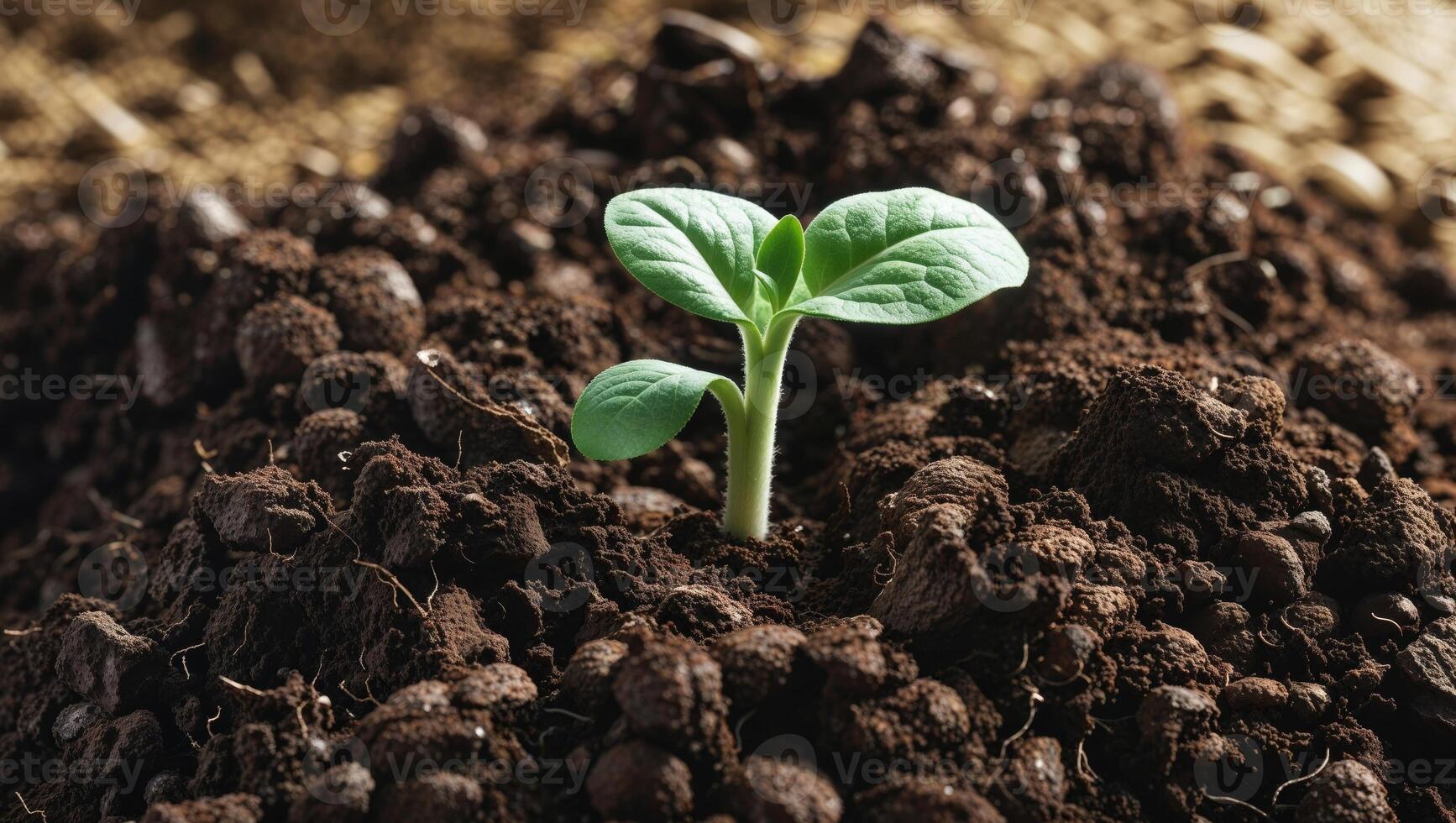 A small plant sprouts from the soil photo
