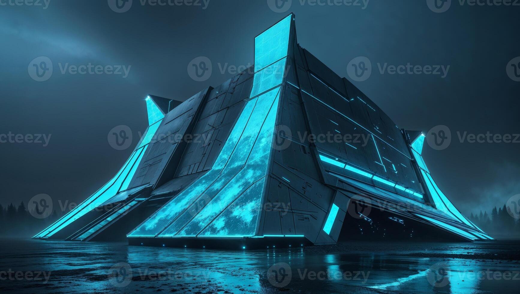 A futuristic building with blue lights on it photo