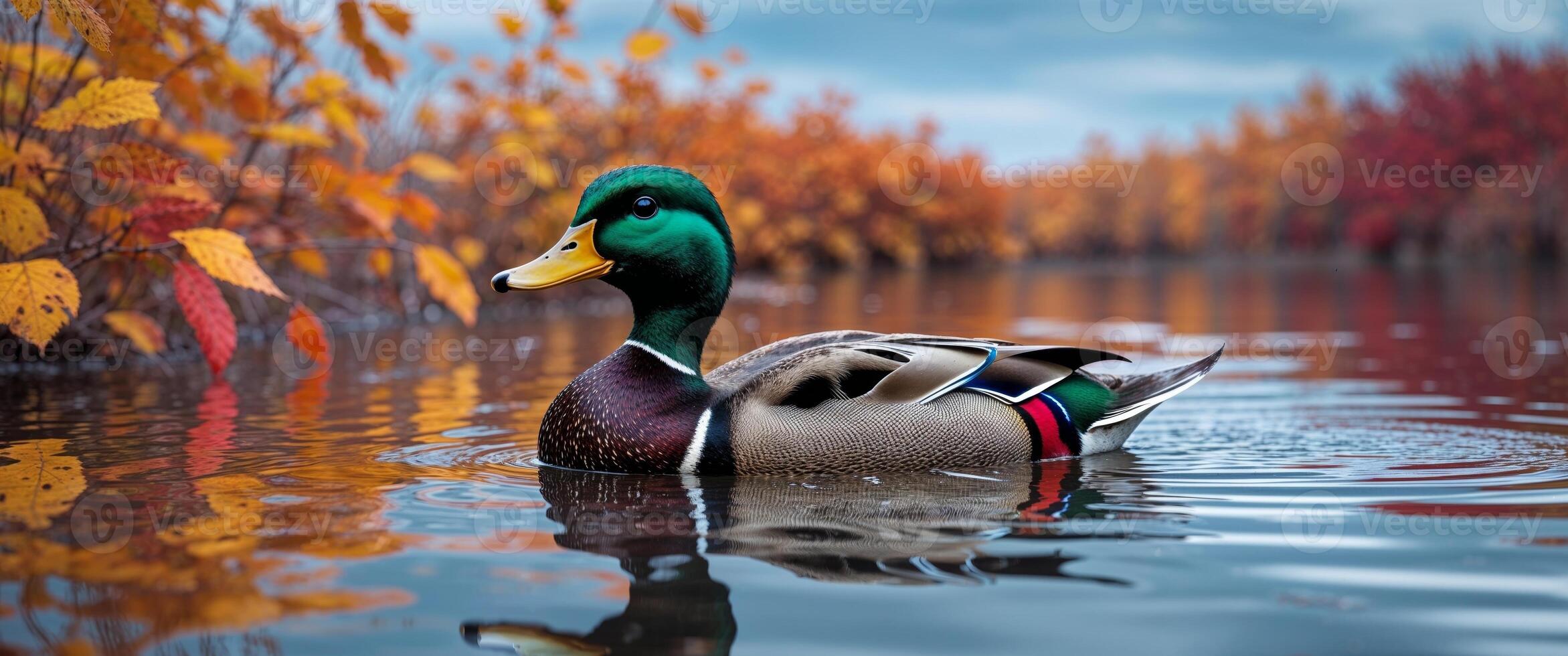 A duck swimming in the water surrounded by autumn leaves photo