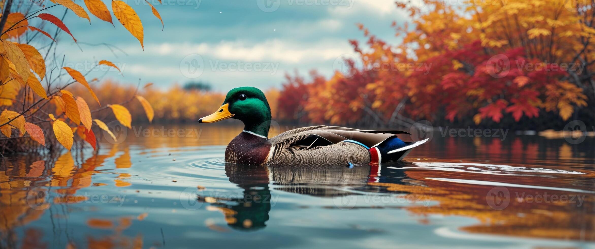 A duck swimming in the water surrounded by autumn trees photo