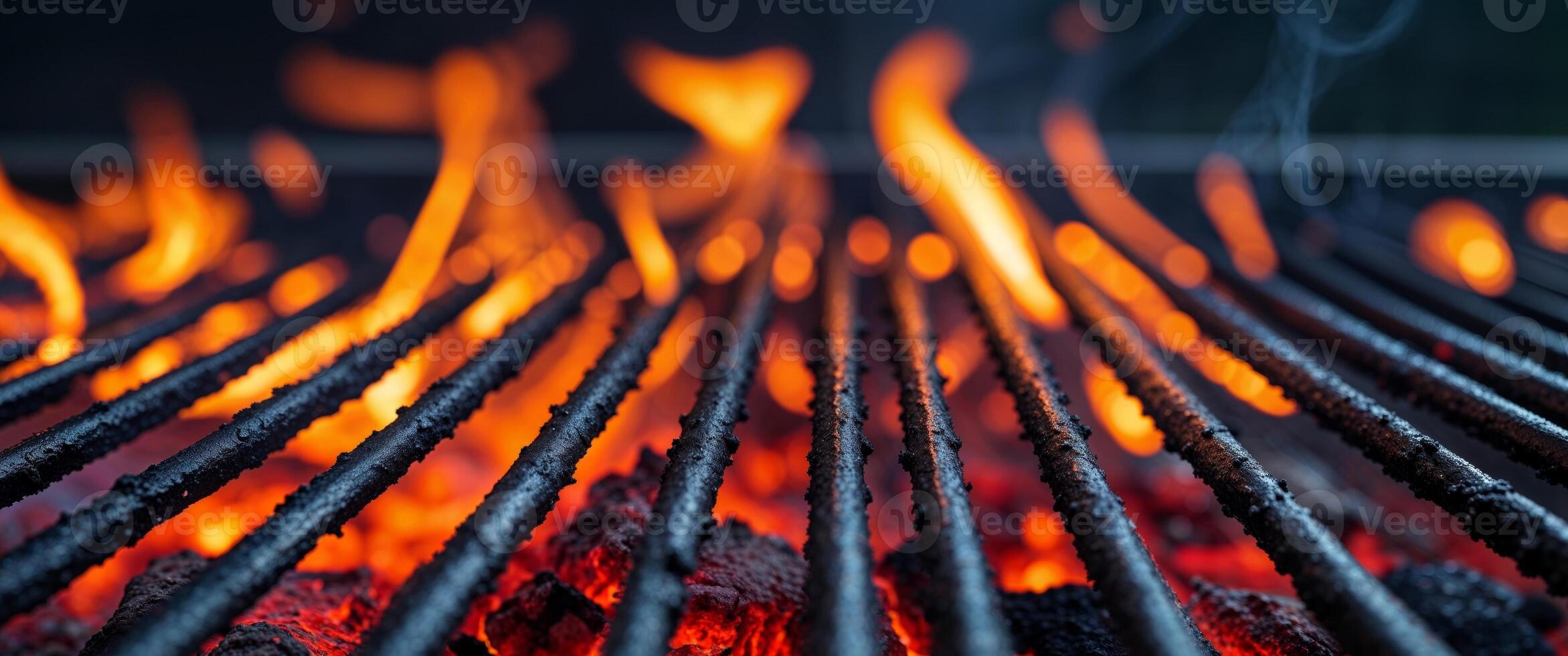 Blazing Grill Grates with Fiery Embers Ready for Delicious Food Preparation. photo
