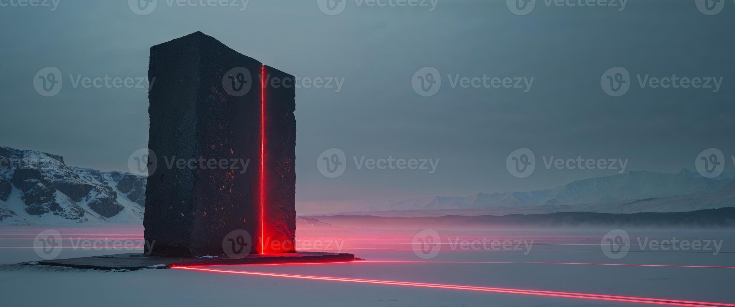 A tall black pillar in the middle of a snowy field photo