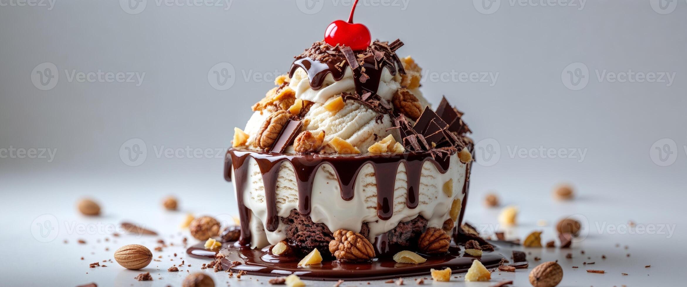 A chocolate ice cream sundae with nuts and cherries photo
