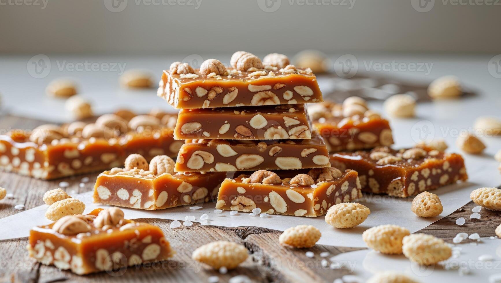 A pile of caramel fudge with nuts on top photo