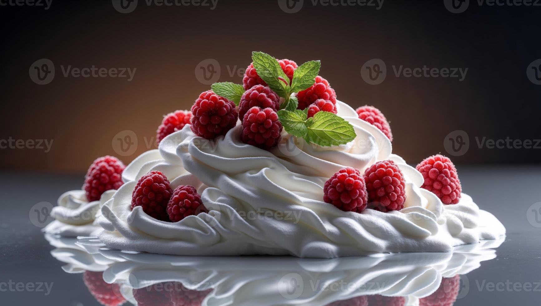 Delicious whipped cream dessert topped with raspberries and mint on a dark background. photo