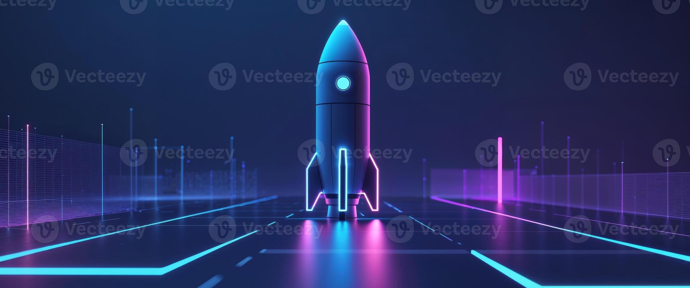 Glowing Rocket on Futuristic Digital Interface. photo