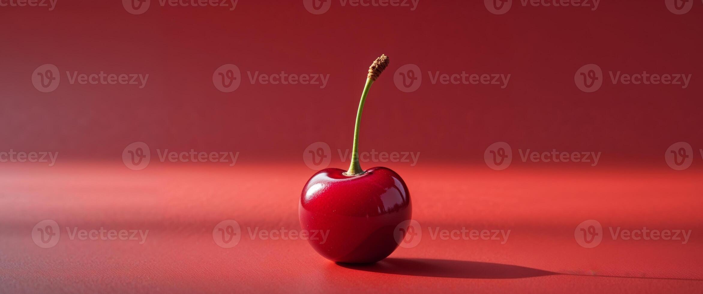 A single cherry is sitting in a vase on a red surface photo