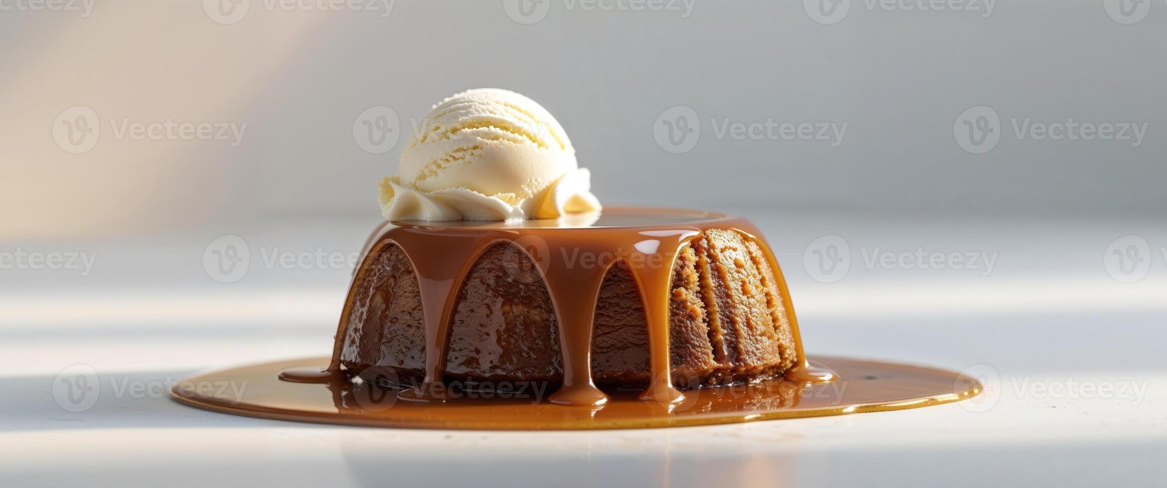 Sticky toffee pudding with caramel sauce and ice cream. photo