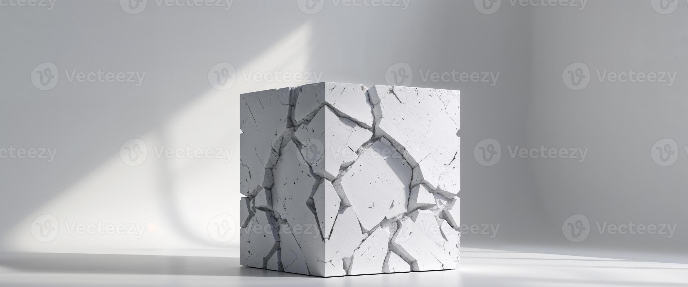 Standing Cube with Broken Surface Design in Abstract Studio Setting. photo