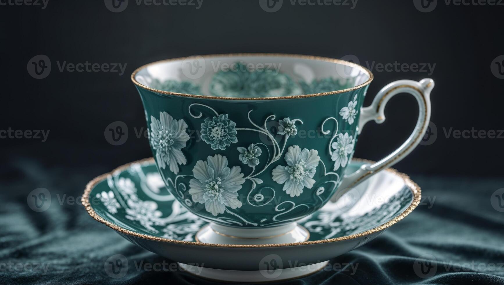 Teal Floral Teacup and Saucer on Dark Background. photo