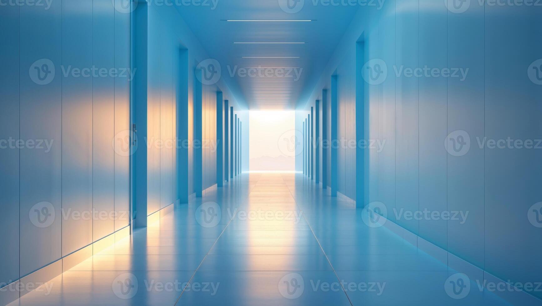 Empty bright blue hallway leading to light. photo