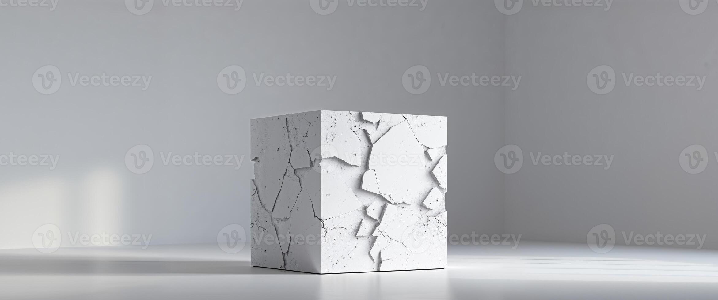 Standing Cube with Broken Surface Design in Abstract Studio Setting photo