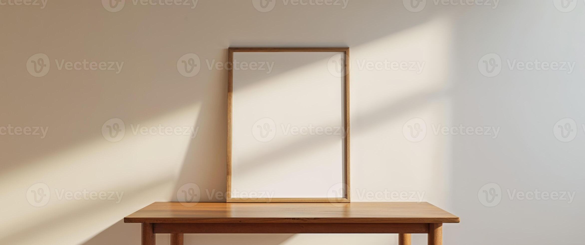 A wooden table with a mirror on top photo