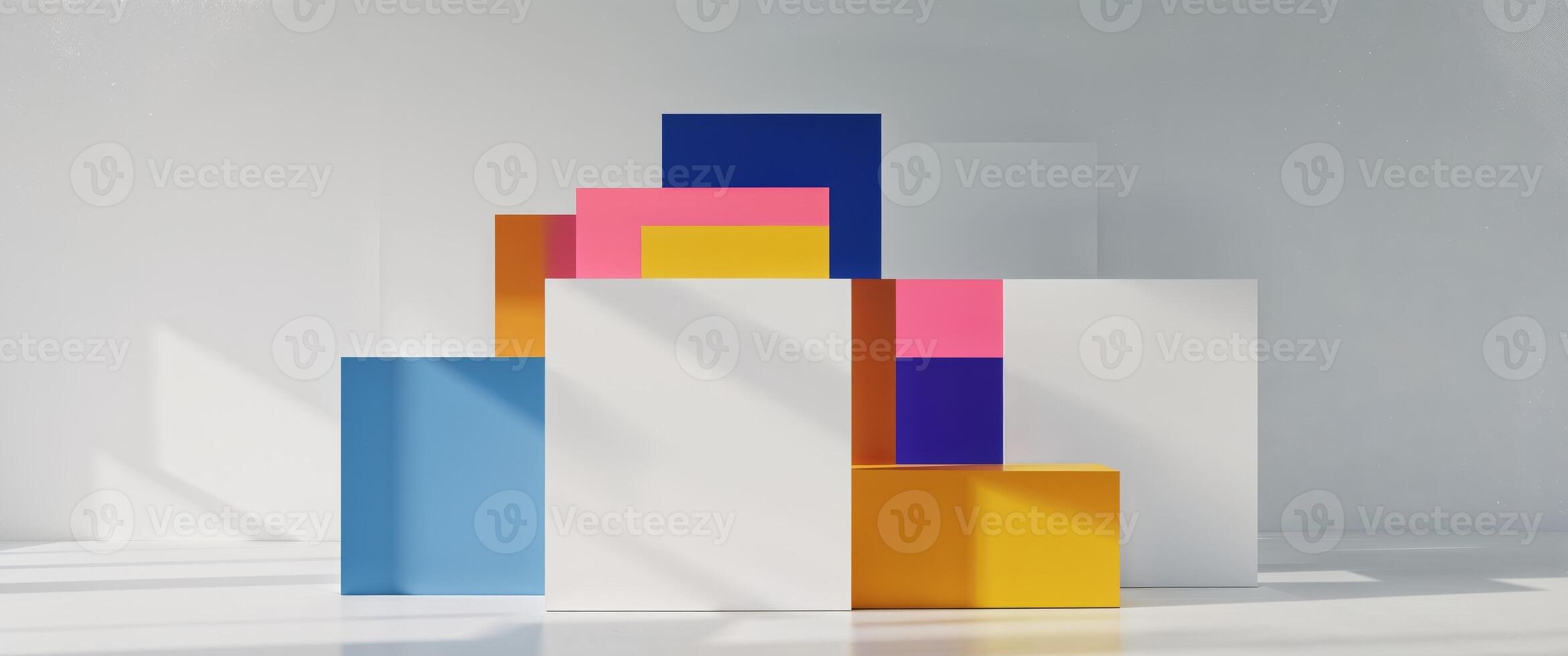 A group of colorful cubes in a white room photo