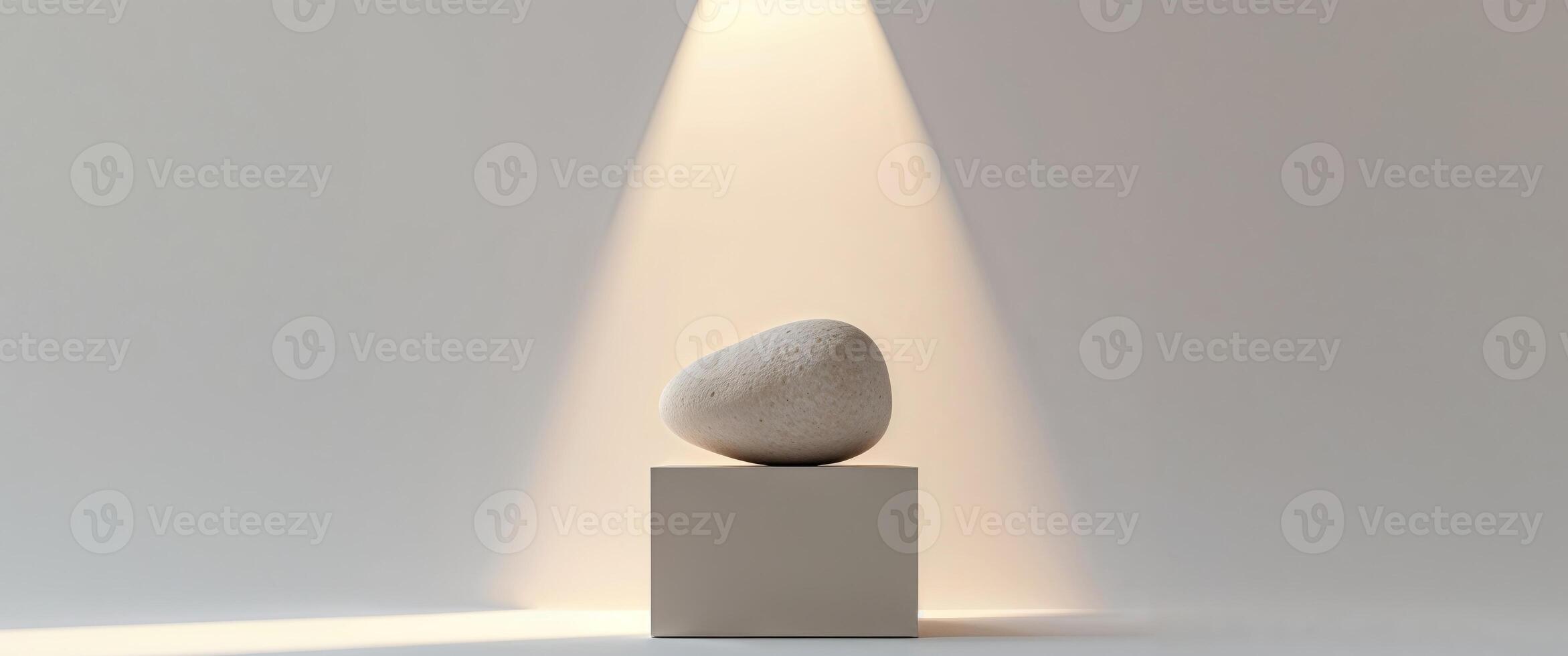 A stone on a white cube with a spotlight shining on it photo