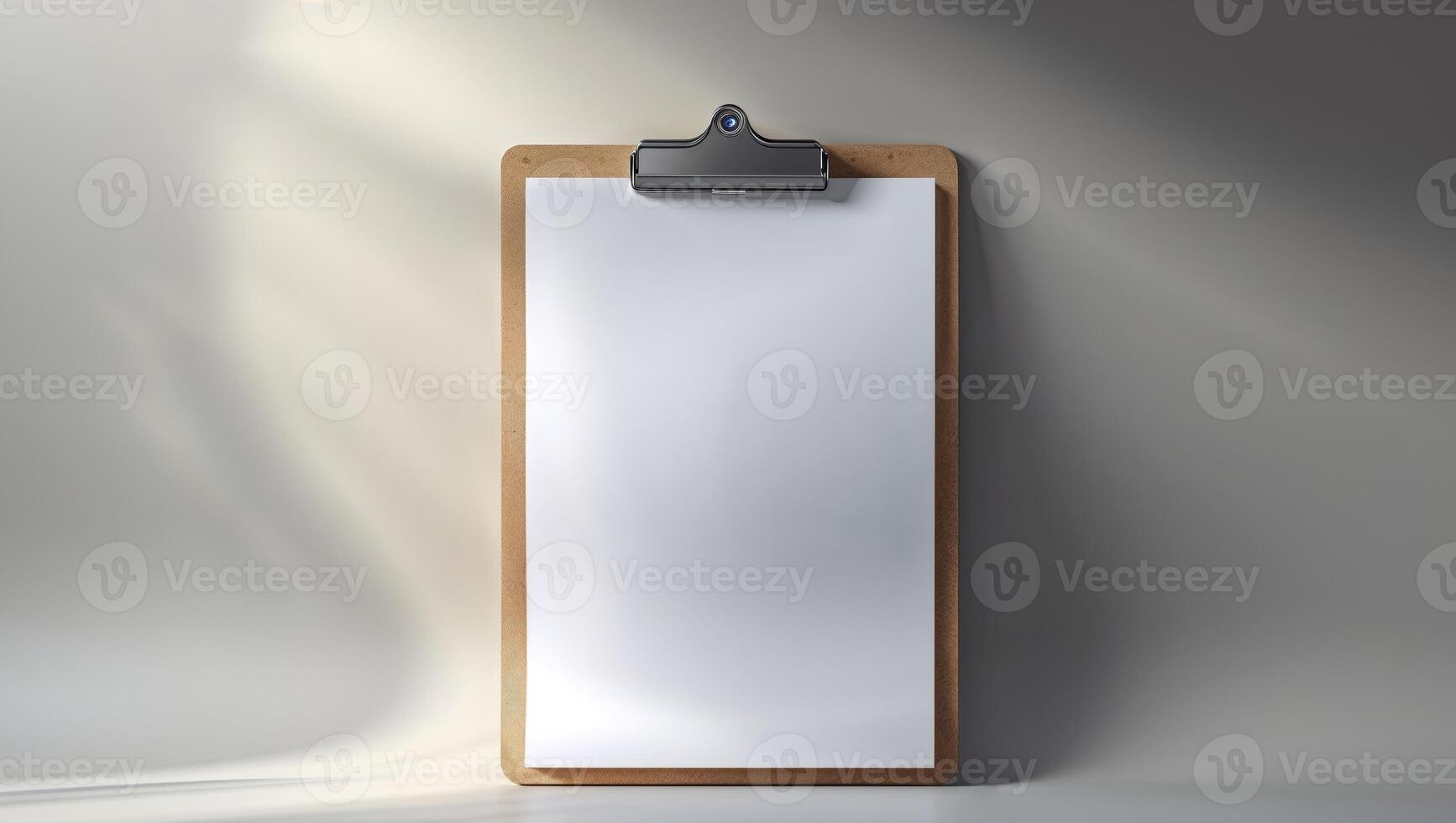 A clipboard with a blank piece of paper on it photo