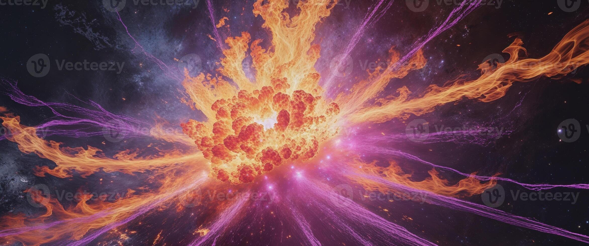 Explosive eruption of cosmic flames outer space digital art abstract wide angle energy burst photo