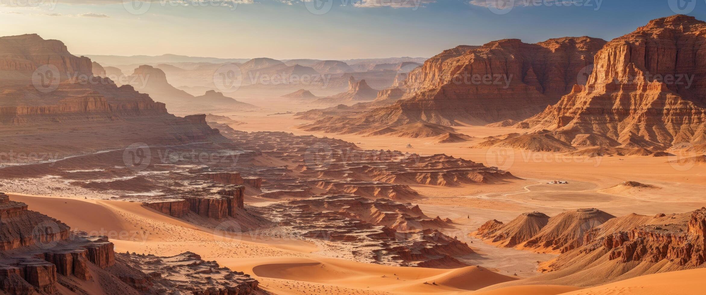 Majestic desert landscape with rocky formations under bright sunlight in Wadi Rum oasis photo