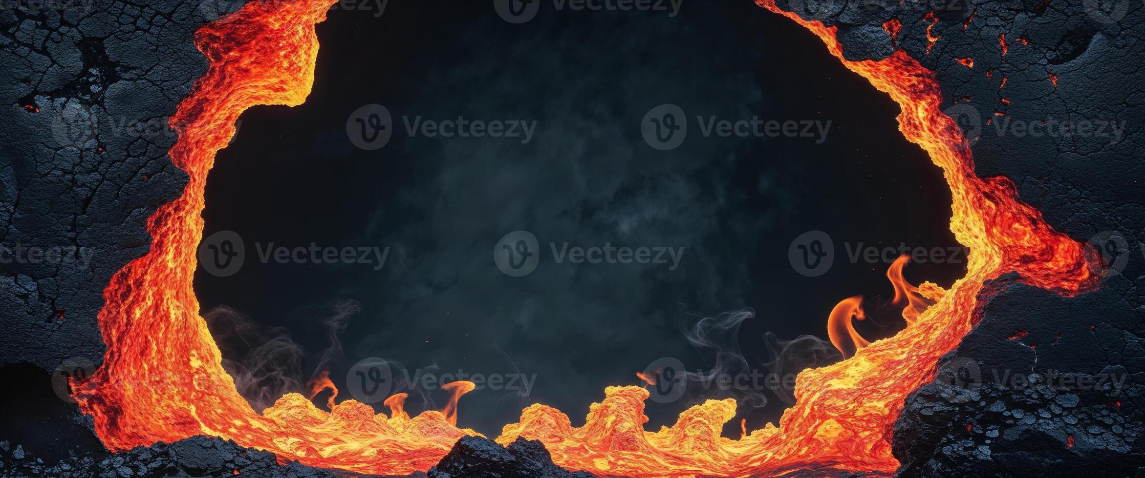 Fiery Lava Rock Edges Frame Dark Textured Background Center Space photo