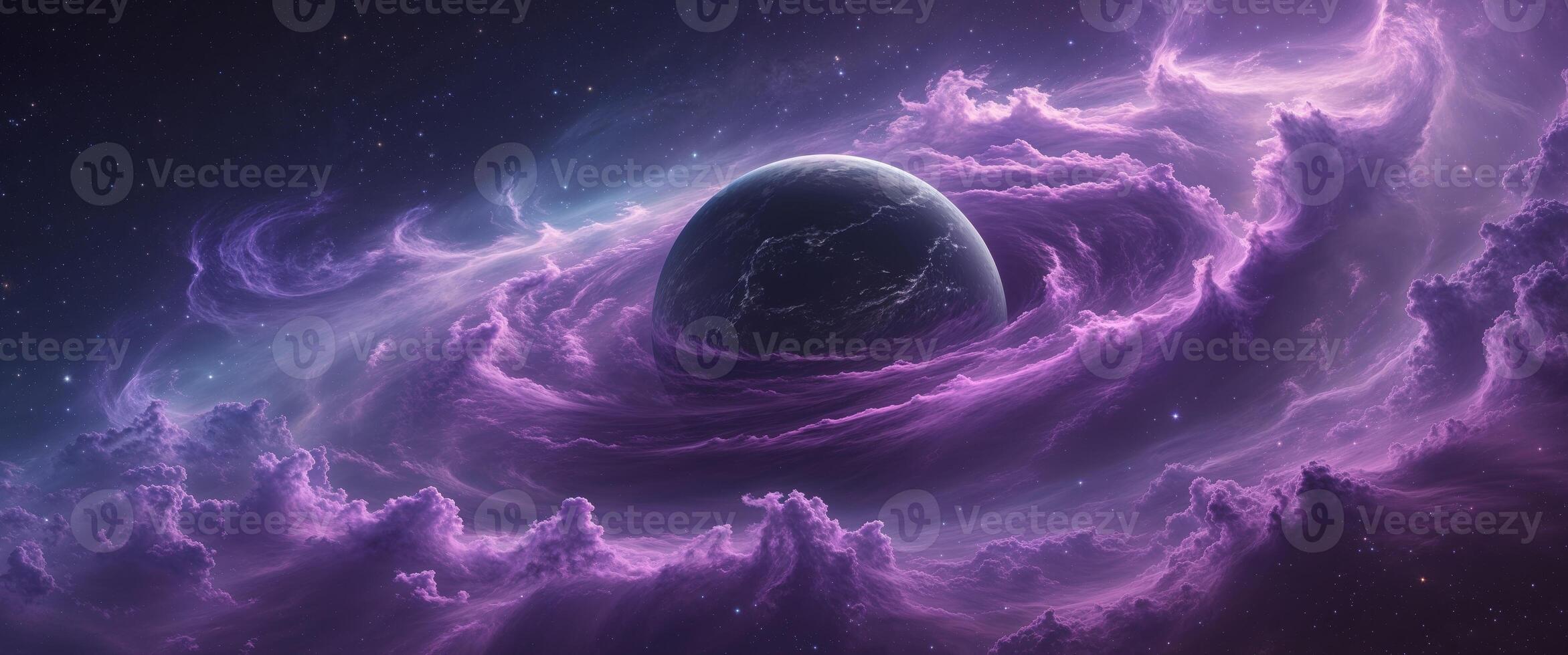 Majestic Purple Nebula Swirling Around a Dark Planet in Deep Space photo