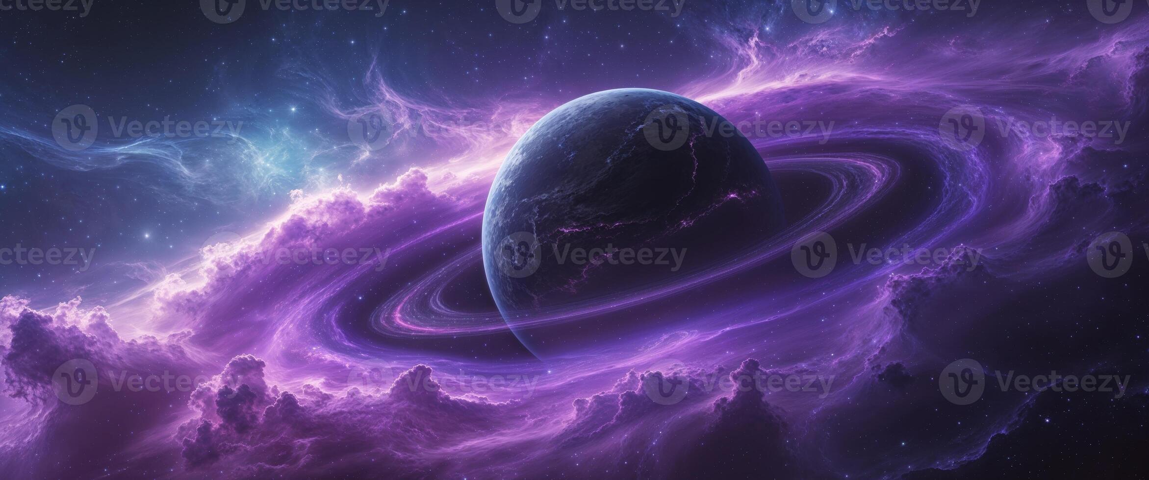 Majestic Purple Nebula Swirling Around a Dark Planet in Deep Space. photo