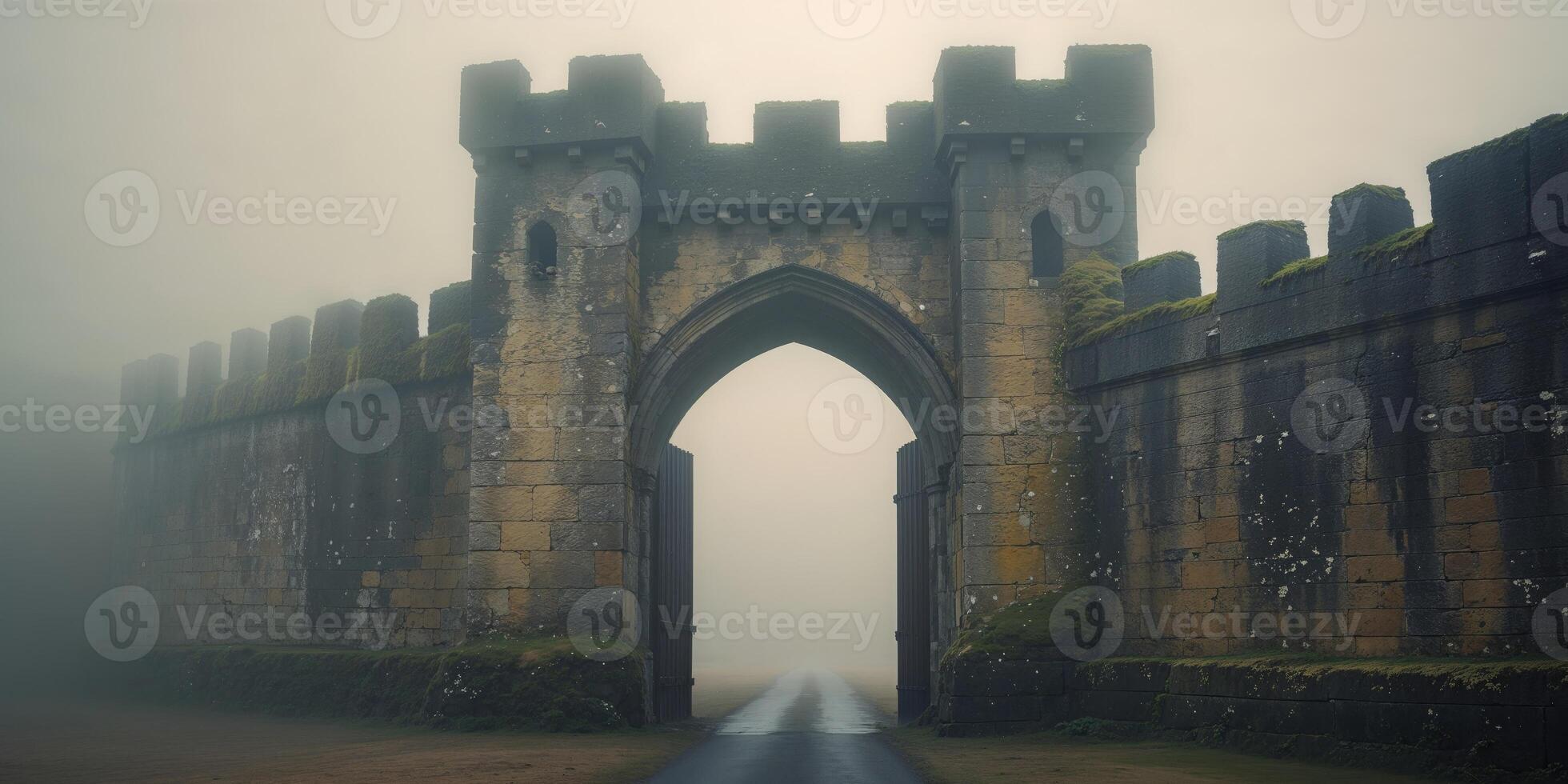 Mysterious Medieval Stone Castle Gate with Foggy Entrance Path Scene. photo