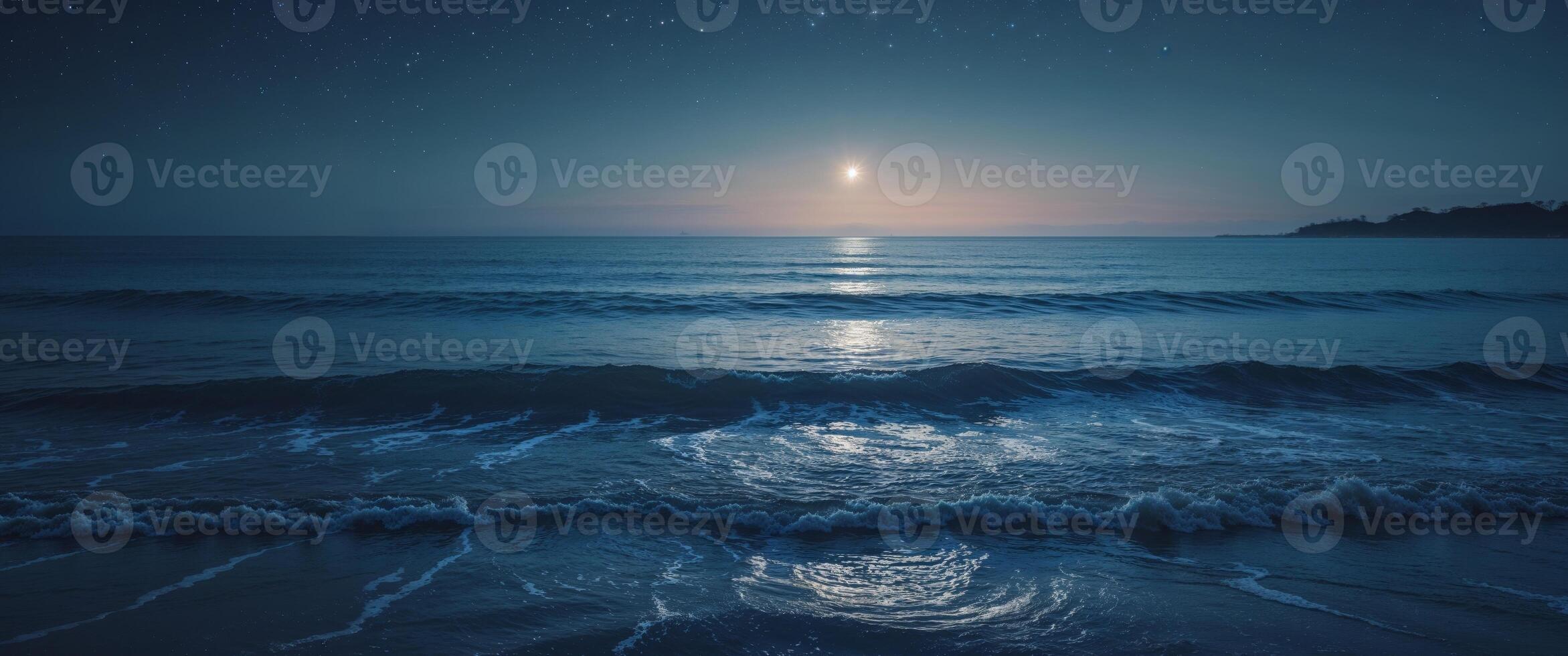Stunning Night Seascape Landscape Showing Beautiful Ocean Views at Night. photo