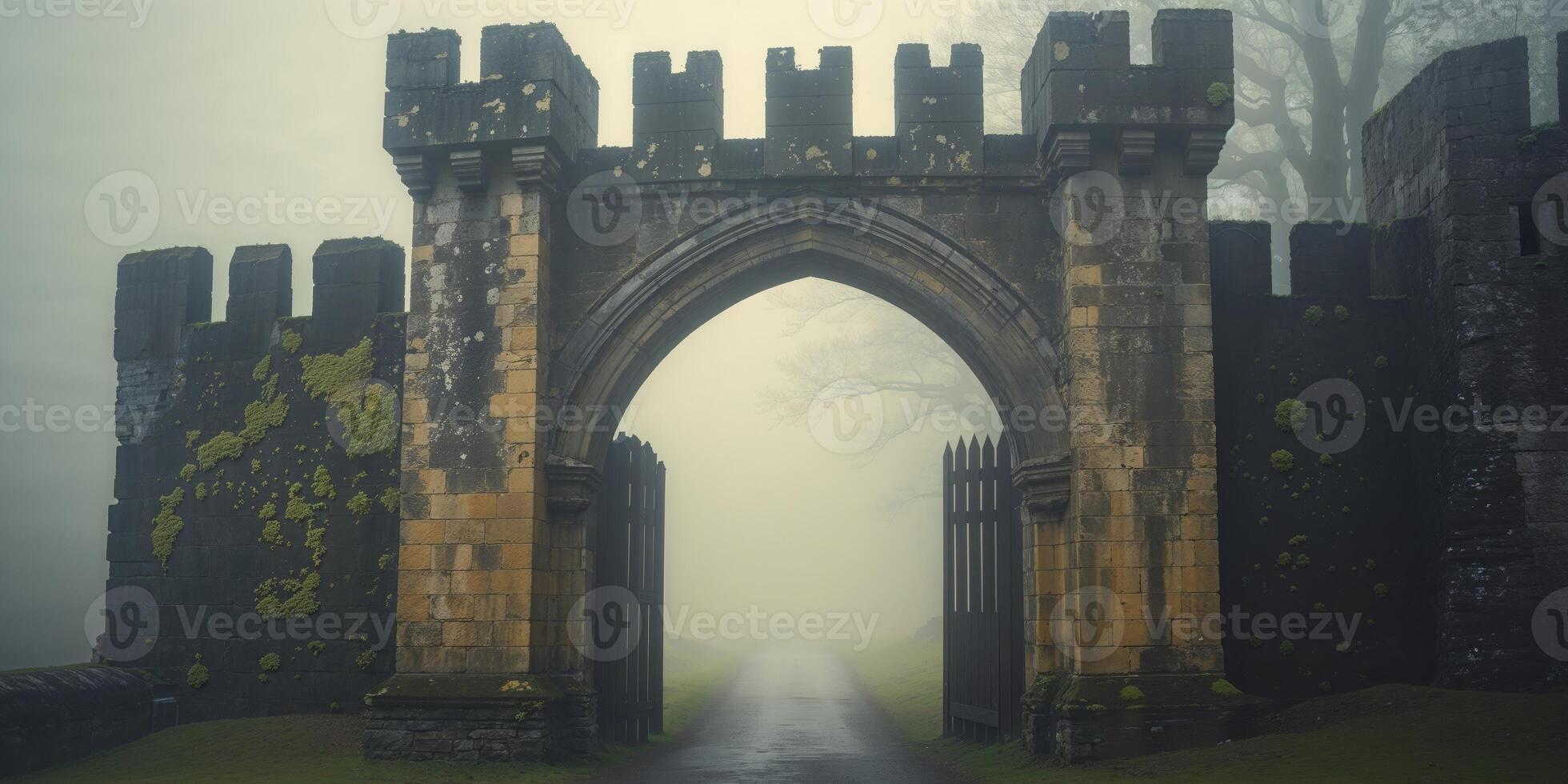 Mysterious Medieval Stone Castle Gate with Foggy Entrance Path Scene photo
