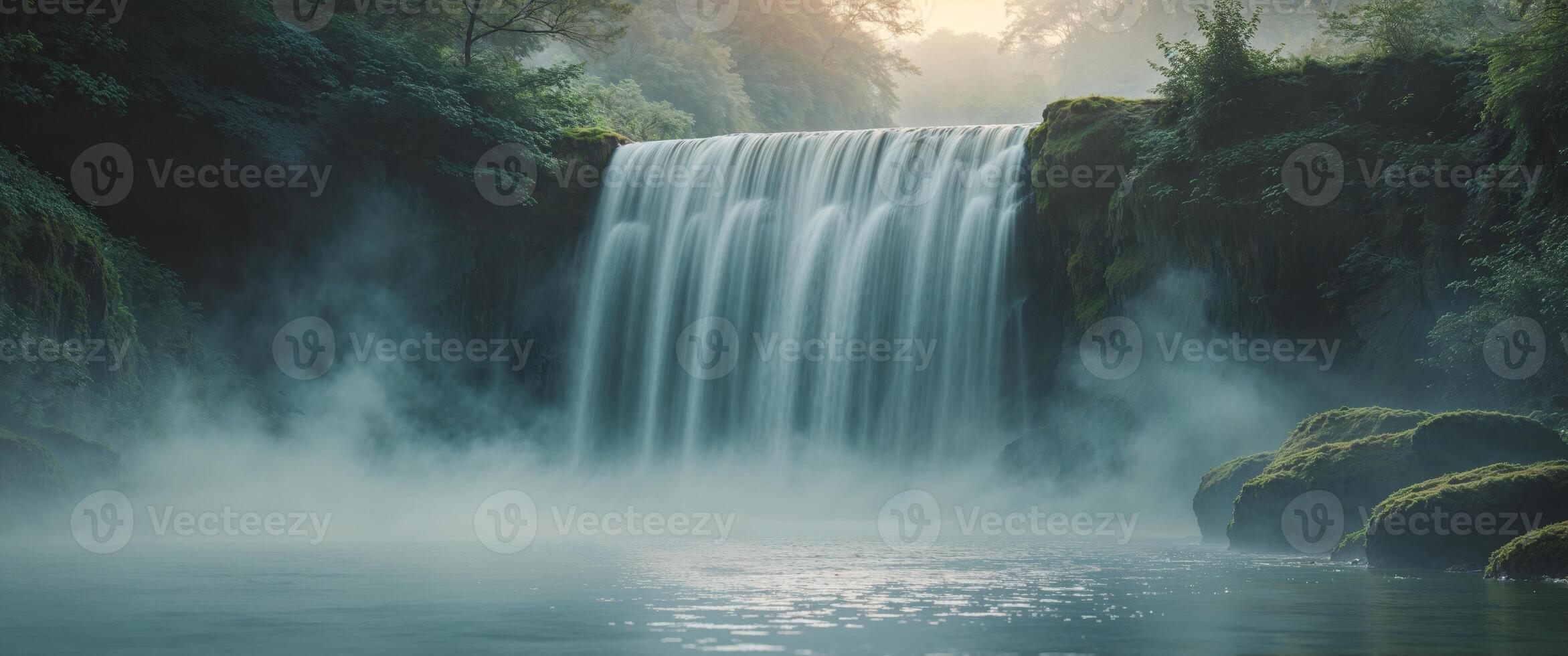 Majestic Waterfall Cascading Into a Misty Pool. photo