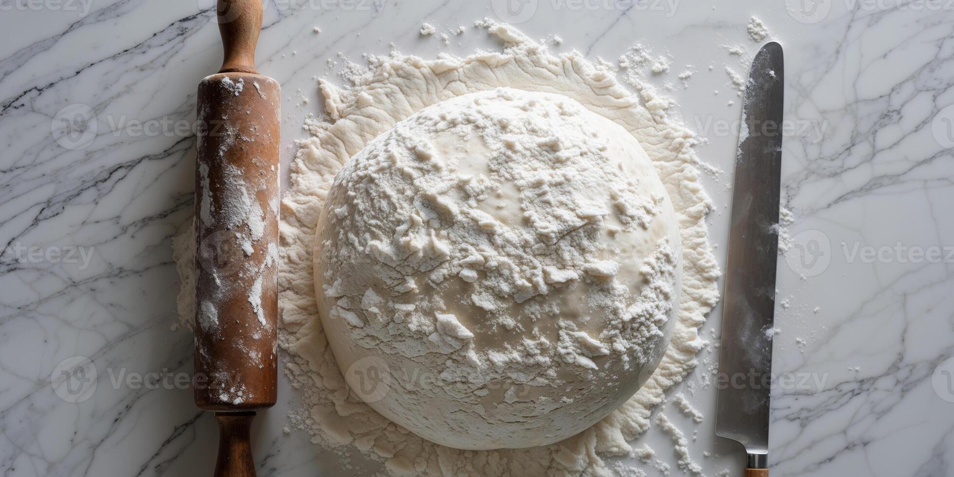 Dough ball covered flour with wooden rolling pin on white marble surface top view. photo