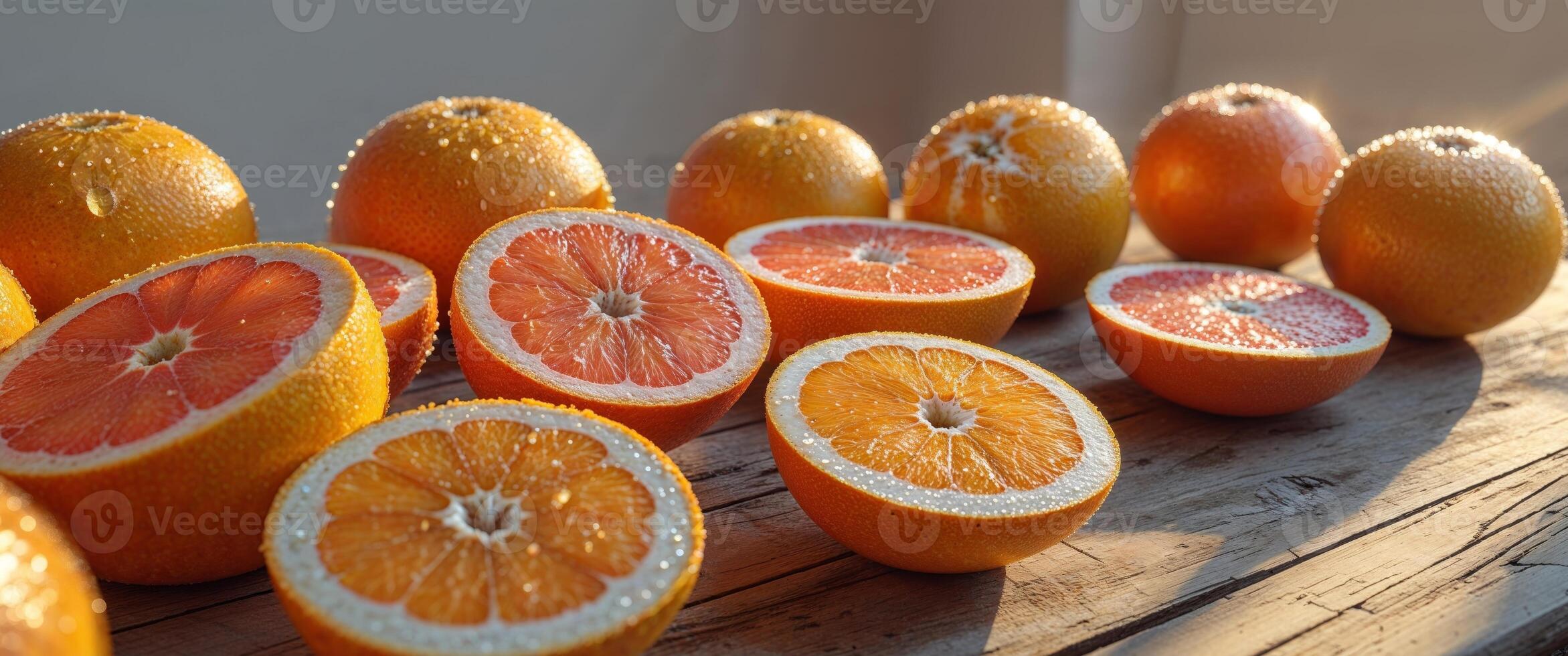 Fresh Oranges and Grapefruits Cut on Wood Table in Sunlight photo