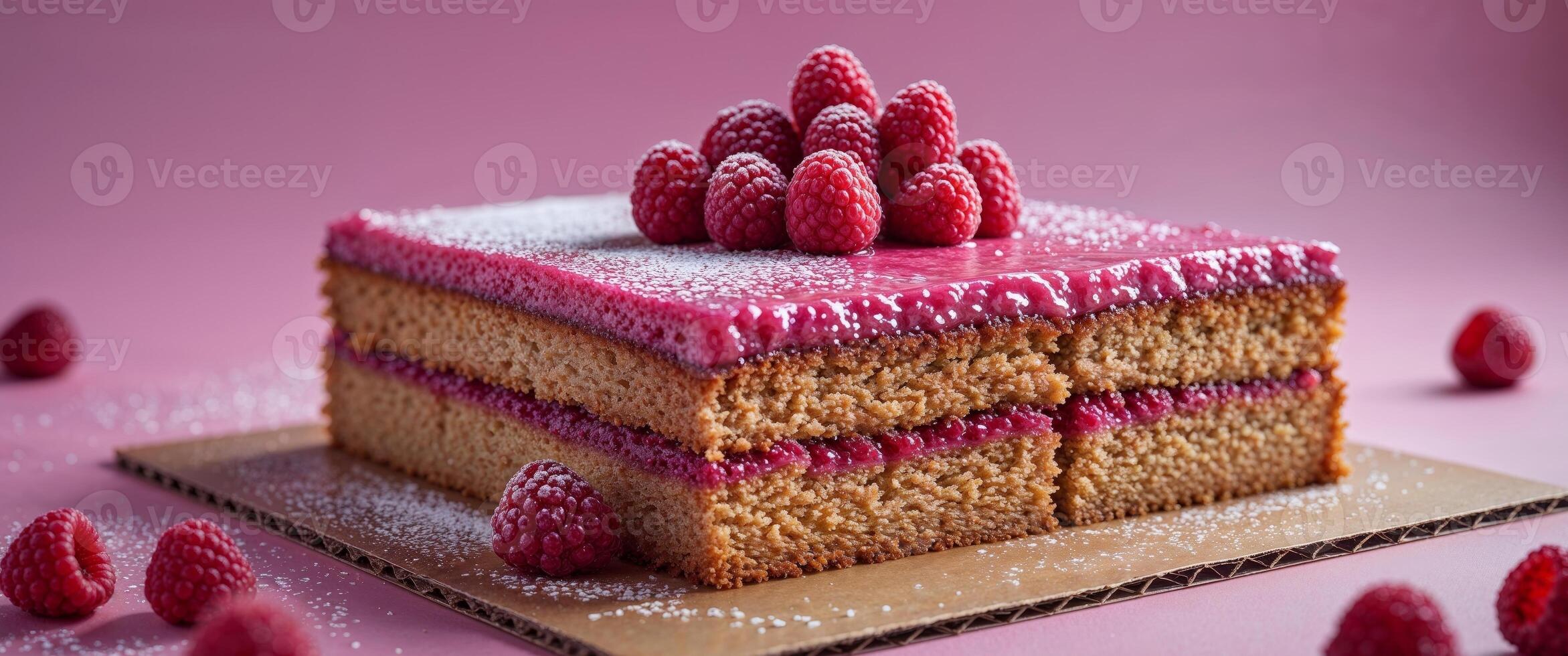 Delicious Raspberry Cake on a Pink Background. photo