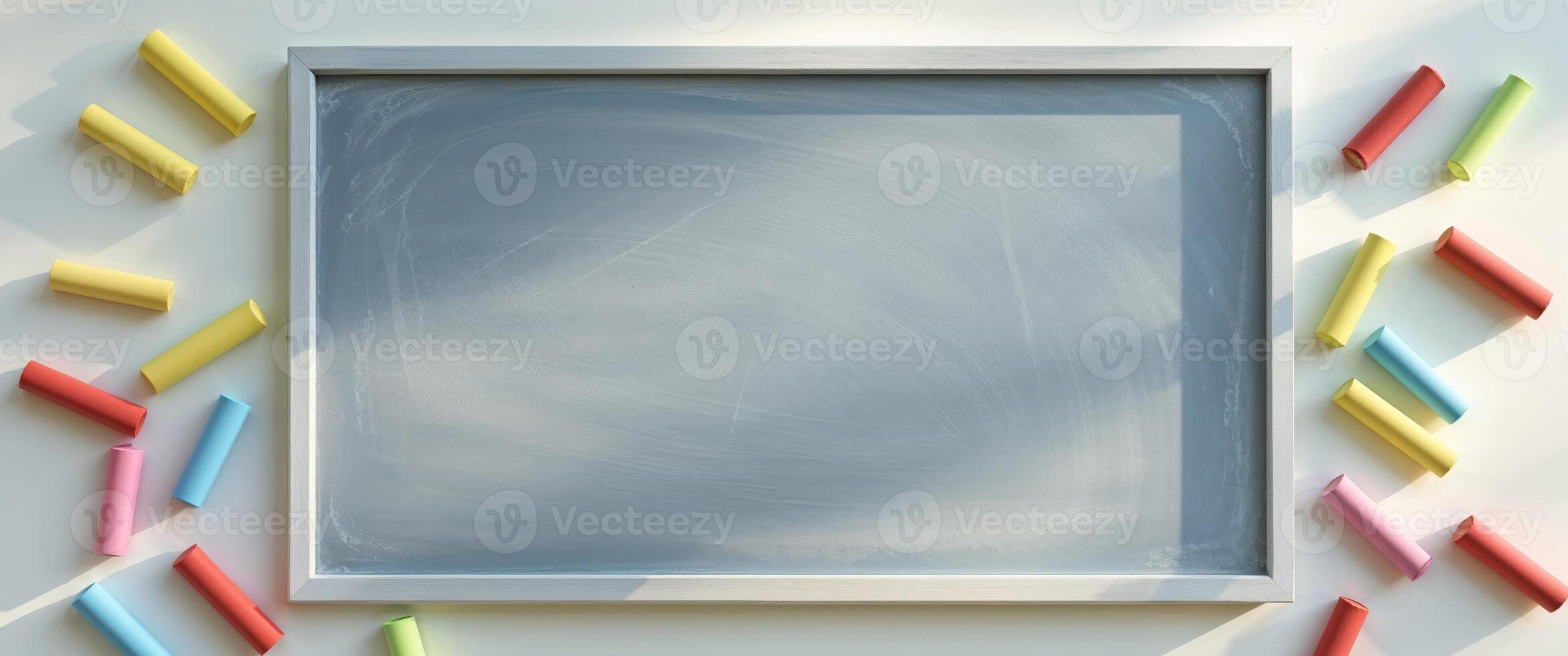 Empty Chalkboard with Colorful Chalks Ready for Learning and Creative Writing Activities photo