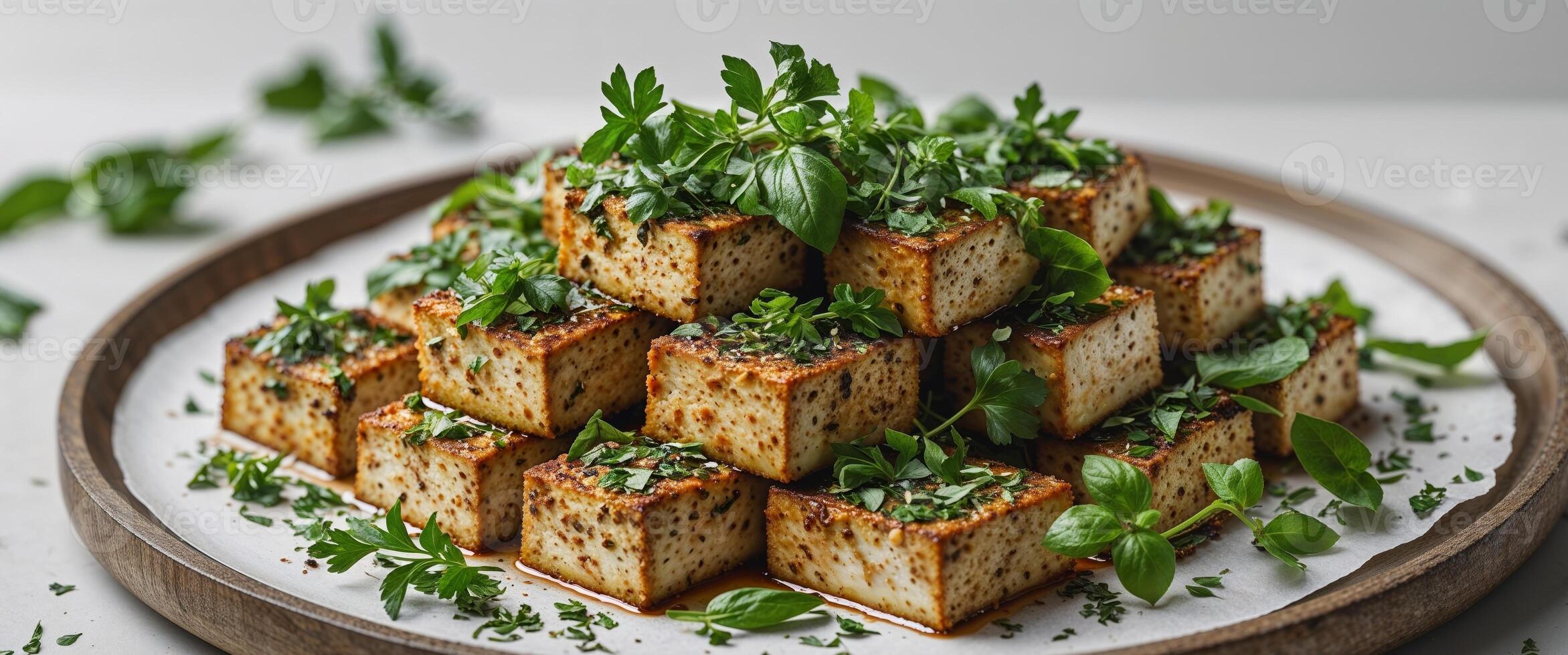 Delicious Seasoned Tofu Garnished with Fresh Herbs photo