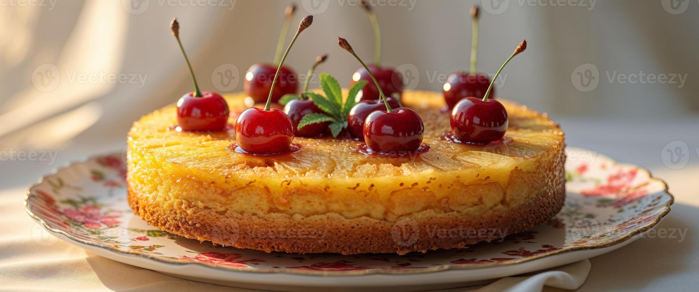 A cake with cherries on top and a flower on top photo