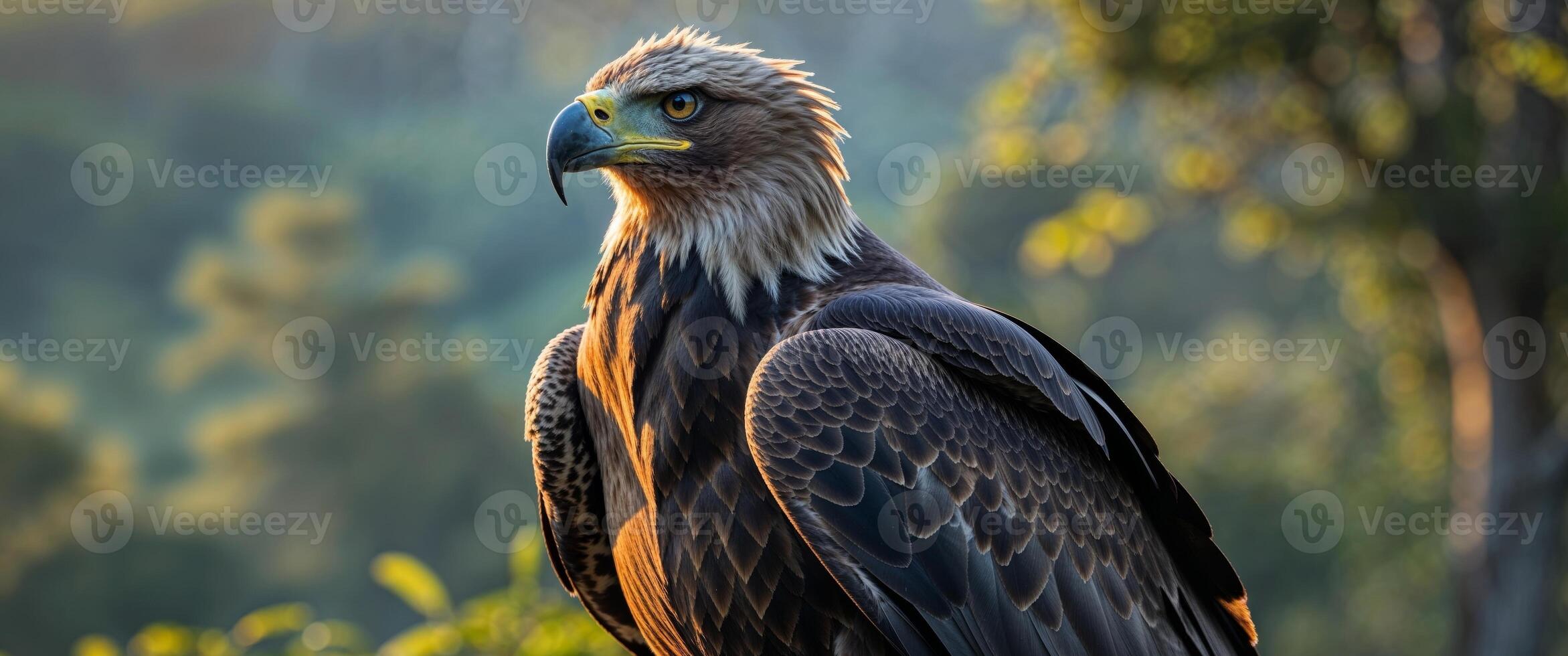 An eagle is sitting on a branch with trees in the background photo