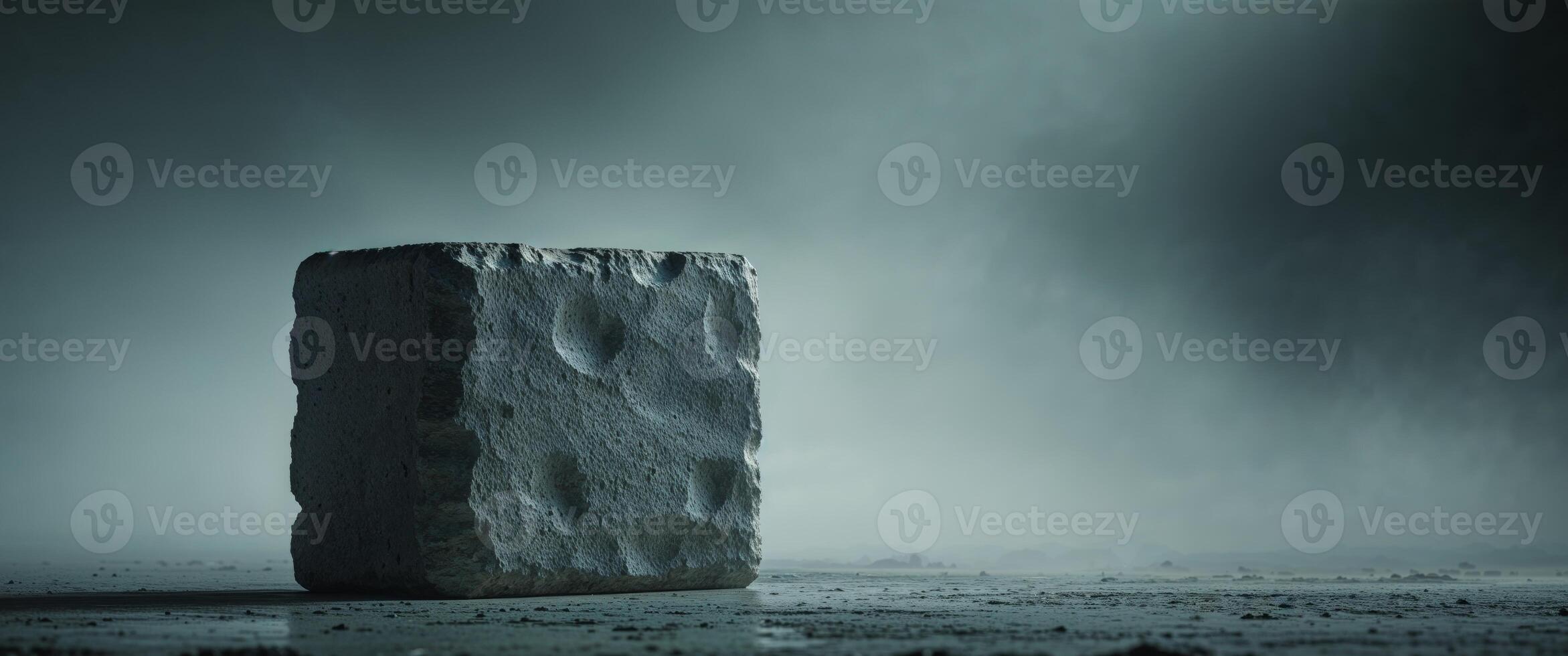 A stone block sitting on the ground in a dark room photo