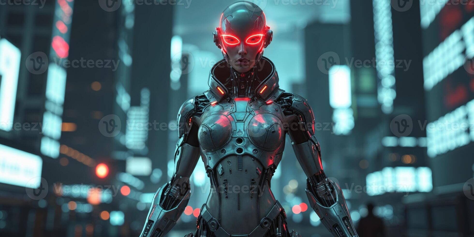 A futuristic woman with glowing eyes standing in the middle of a city photo