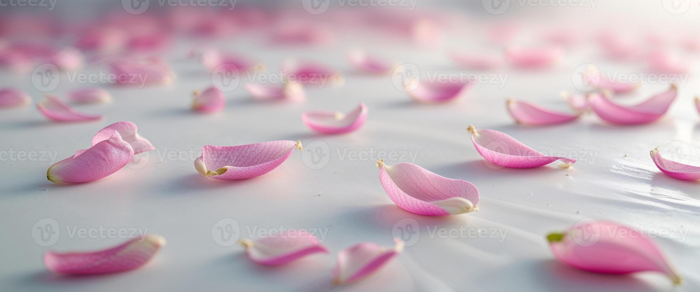Pink rose petals scattered on a white surface photo